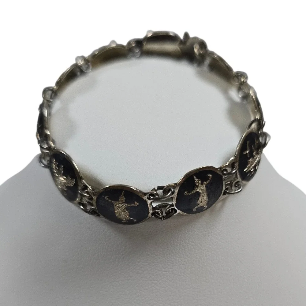 Vintage Siam Sterling Silver Niello‎ Link Bracelet Thai Goddess 7 Inch 10.4g